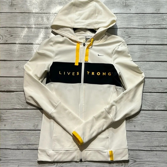 🌻 NIKE Cream/Black “Live Strong” zip up Hoodie sz. S - Picture 1 of 10